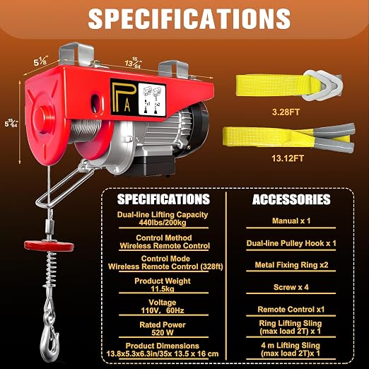 Electric Hoist 440LBS, 110V 510W Electric Winch with Wireless Remote Control,Single/Double Cable Lifting Height 39.4ft/20ft, 110V Electric Lift with Emergency Stop for Factories