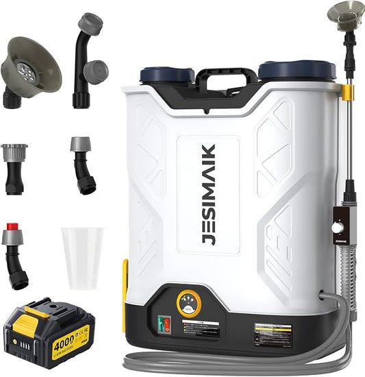 JESIMAIK Battery Powered Backpack Sprayer 4.8 Gallon, 4.0Ah Battery Electric Backpack Sprayer with Telescopic Wand & 5 Nozzles, 120 PSI Handle-Mounted Adjustable Pressure for Weed Lawn Garden