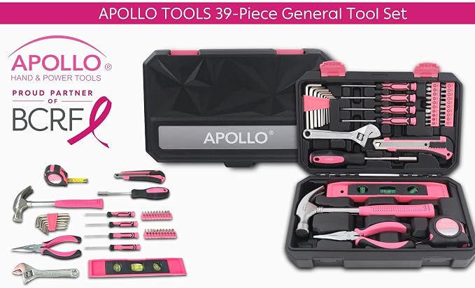 Apollo Tools 39 Piece General Household Tool Set in Toolbox Storage Case with Essential Hand Tools for Everyday Home Repairs, DIY and Crafts - Pink Ribbon - DT9711P