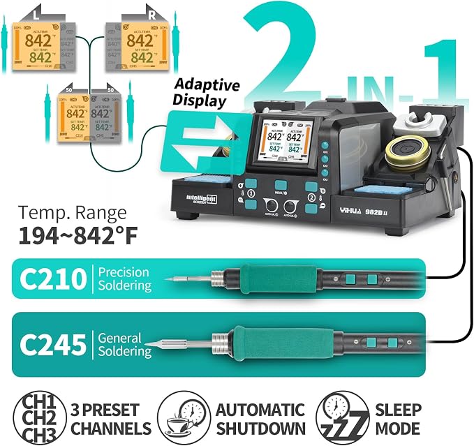 YIHUA 982D-II 2-IN-1 Digital Soldering Iron Kit, Precision Soldering Station with C210 and C245 Precision Soldering Iron, Auto Calibration, Adaptive Display, PID Temperature Control, Rapid Heating