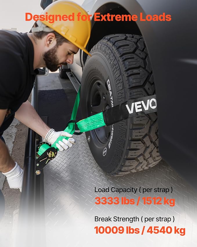 VEVOR Wheel Chock Tie-Down Kit, Tire-Style Tow Dolly Strap, Car Kit with Heavy-Duty Hook, Break Strength 10009 lbs & Working Load 3333 lbs Motorcycle Tie-Down System with O-Ring for ATV, SUV