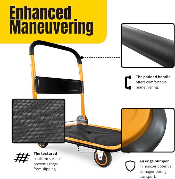 MaxWorks Foldable Platform Truck Push Dolly 330 lb Capacity 28.75" x 18.75" x 33" Heavy‑Duty Utility Cart with Fold Down Handle for Home Garage Warehouse and Workshop Use (80876)