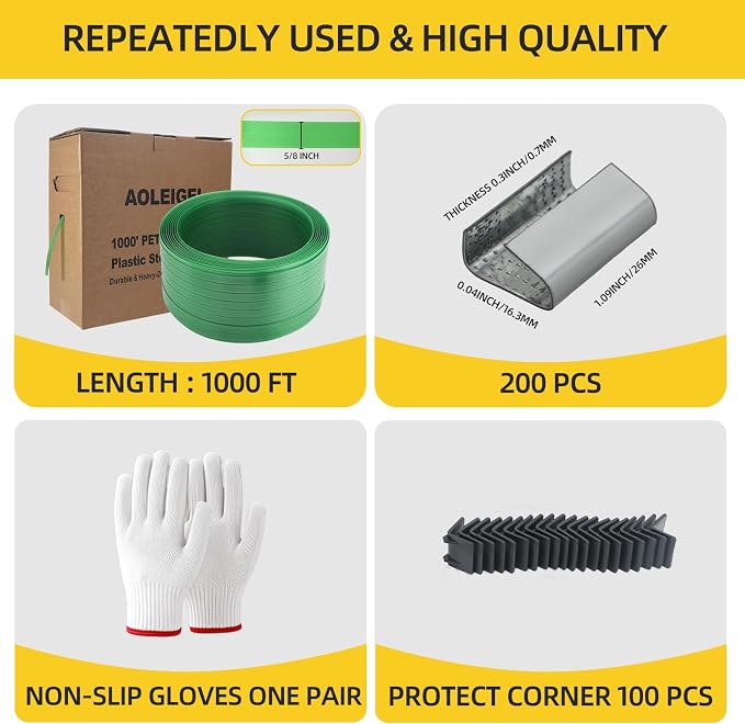 Banding Strapping Kit, 5/8” x 1000’ Heavy Duty Pallet Strapping Kit >1500lbs Tensile Strength, Includes Banding Tool Tensioner & Sealer, 200 Metal Seals, Corner Protectors & Dispenser Box