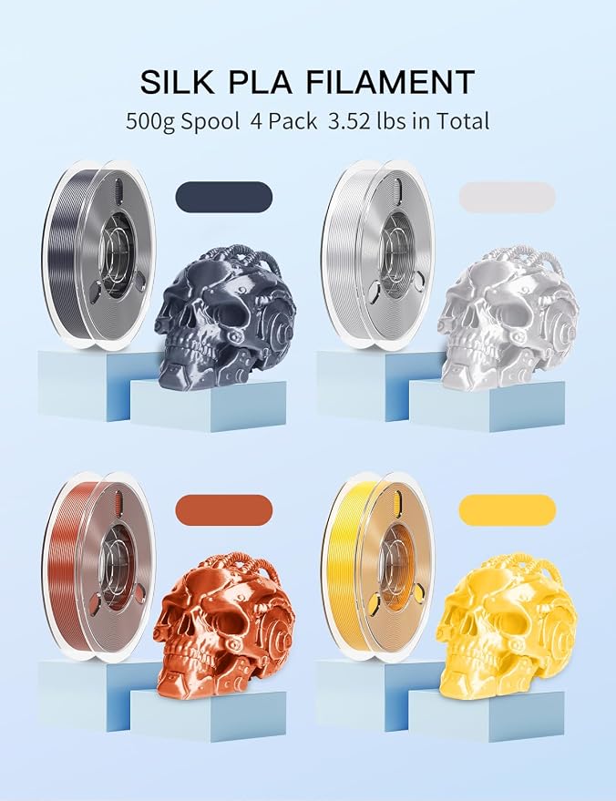 PINBALL 500gX4 Spools Silk PLA 3D Printer Filament Bundle, Shiny Metallic Filament 3D Printing Filament 1.75mm, 500g*4 Gold/Grey/Silver/Red Bronze