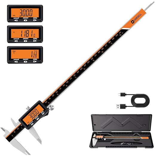 HARDELL Rechargeable Digital Caliper, 12 Inch Calipers with Large Orange Screen (No-Backlight), Auto-Off, Quick Change Button for Inch/MM/Fraction, Stainless Steel Vernier Caliper for Woodworking
