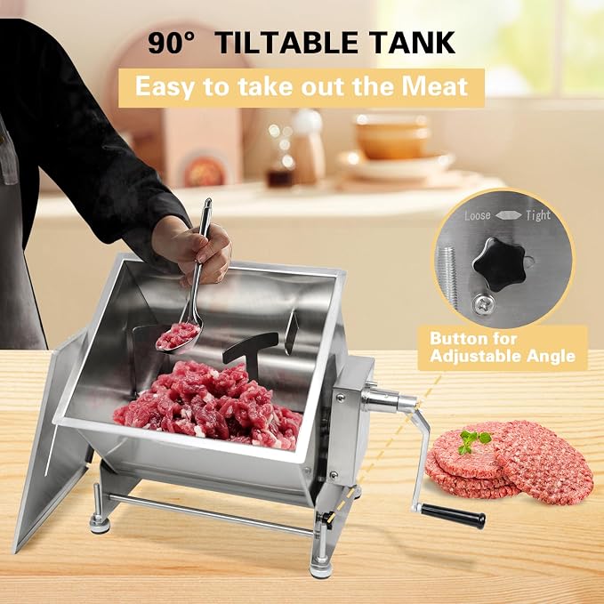CLIVIA Manual Meat Mixer, 30 Pound Meat Mixer for Sausage, 30lbs Capacity Tilt Tank Sausage Mixer Stainless Steel Food Processer for Meat, Vegetable, Burger, Dumplings