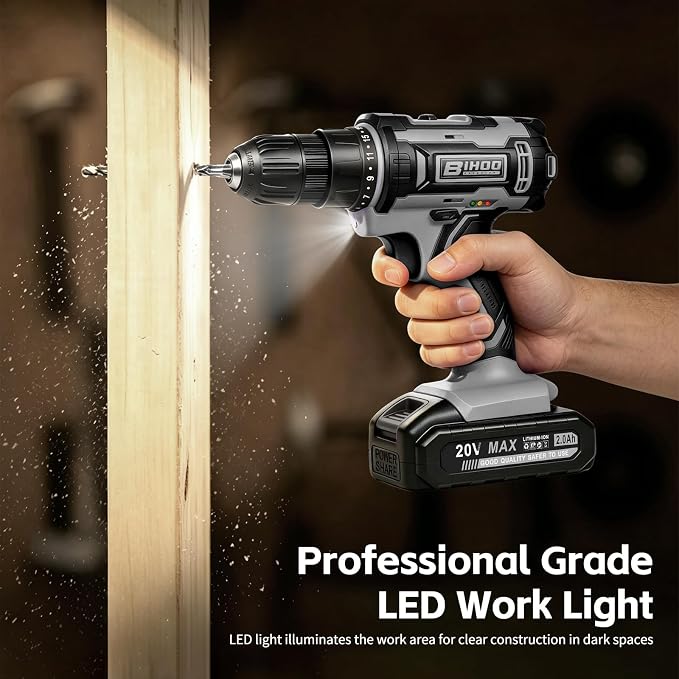 Cordless Drill Set,20V Drill Driver with Battery and Charger,3/8-Inch Keyless Chuck, Variable Speed,with Drills Bits Set,Gray