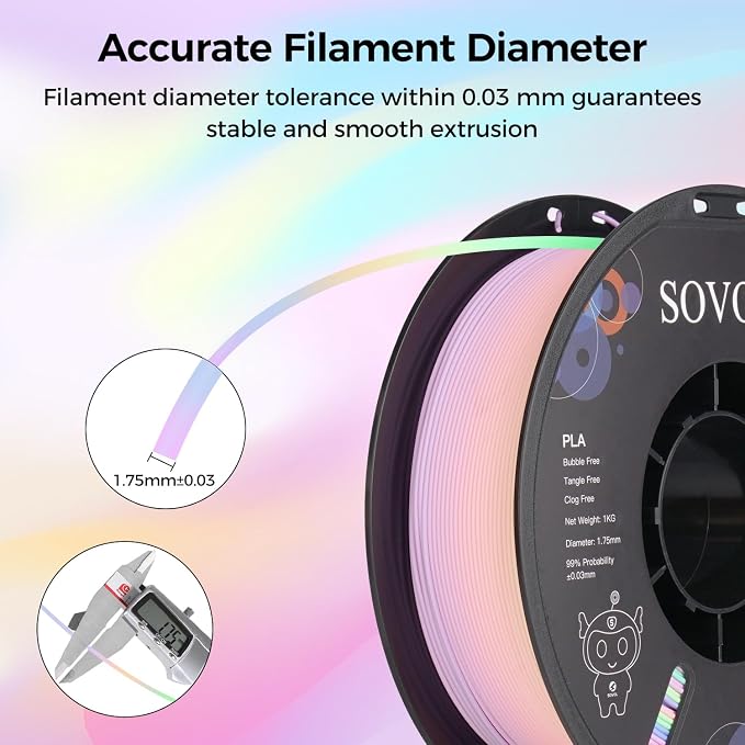 Sovol 3D Printer Matte Multicolored Fast Change Rainbow PLA 1kg (2.2 lbs) Spool 3D Printing Materials, Dimensional Accuracy +/- 0.03 mm, 1.75 mm, Matte Macaron Rainbow