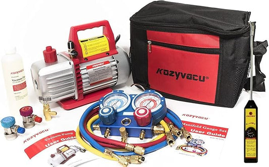 AUTO AC Repair Complete Tool Kit - 1-Stage 3.5 CFM Vacuum Pump, HVAC Manifold Gauge Set, Hoses, and Freon Leak Detector, Ideal for Automotive, Mini Split, and Refrigeration App (KZTA350F+)