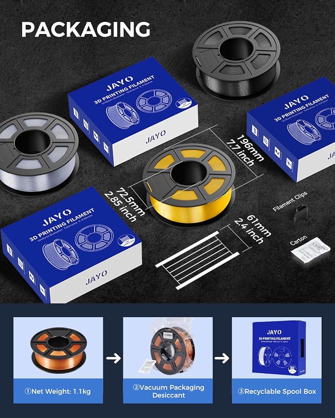 JAYO Silk PLA Filament 1.75mm Silver 1.1kg, Metal-Like Shiny PLA, Smooth Silky Finish, Easy to Print, Accuracy +/- 0.02mm, Fits for Most FDM 3D Printers