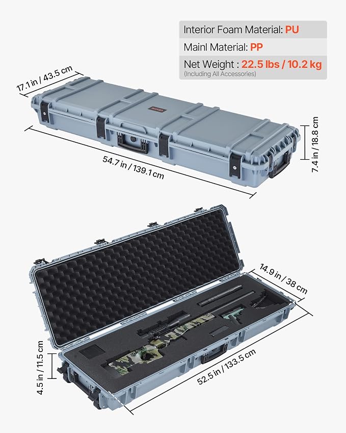 VEVOR Rifle Case, Rifle Hard Case with 4 Layers Fully-protective Foams, Lockable Hard Gun Case with Wheels, IP67 Waterproof & Crushproof, for Rifles or Shotguns
