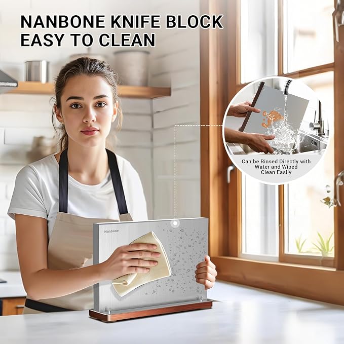 Magnetic Knife Block Stand Without Knives Double Sided Magnetic Knife Holder Rack for Kitchen Counter Stainless Steel Knife Magnetic Strip Display Stand Storage Organizer with Wood Base