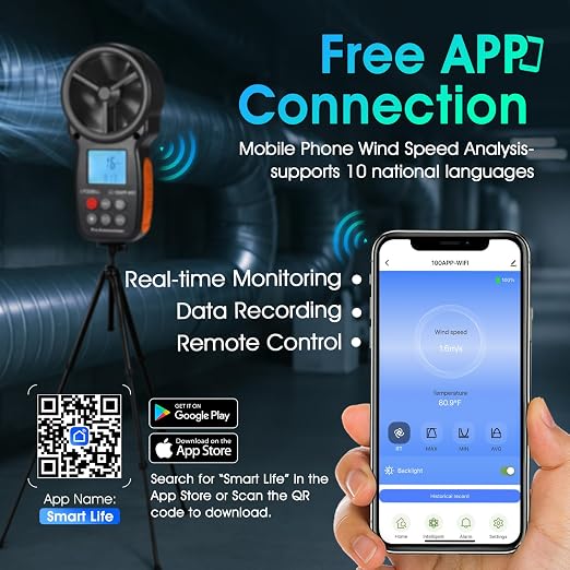 WiFi Anemometer Handheld, Digital Wind Speed Meter with Smart APP, 0.3-40m/s Range, Temperature Measuring, Data Logging, CFM Air Flow Meter for HVAC Outdoor Hunting Sailing Shooting Drone