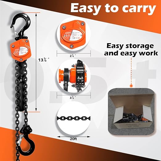 YATOINTO Mini Lever Chain Hoist 1/2 Ton 1100 lbs Lever Hoist 20 ft Ratchet Chain Puller Hoist 2 Heavy Duty Hooks Industrial Grade Steel Construction (1100lb 20ft)