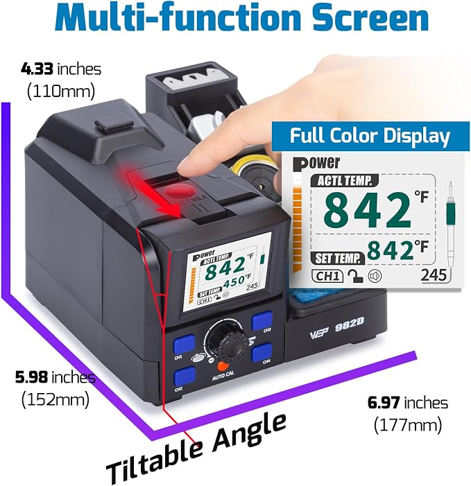 WEP 982D Precision Soldering Station with Automatic Calibration, Tiltable Screen, C245 C210 Compatible Soldering Iron Kit with 2 Spools Lead Free Solder Wire, 6 Soldering Cartridges