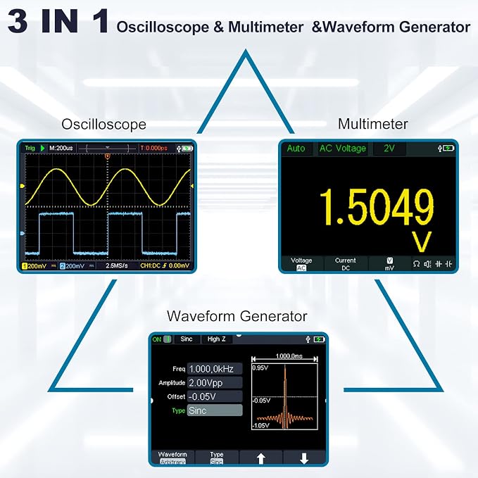 HANMATEK 3 in 1 Handheld Oscilloscope Multimeter with 2 Channels HO52S 3.5"TFT Oscilloscop, 50Mhz Waveform Generator Multimeter Backlit Screen, Auto-Calibration Function, Memory Function, Multi Tester