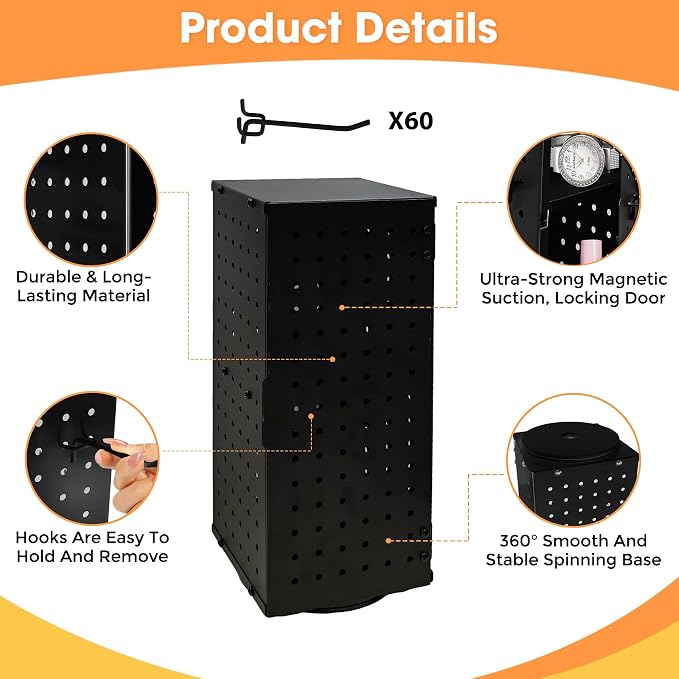 360° Rotating Pegboard Display Stand with 60 Hooks & Inner Storage Compartments - Metal Peg Board Keychain Jewelry Display Stand for Vendors, Retail, Craft Shows (Black)