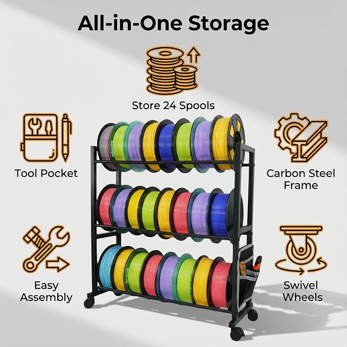 3D Printer Filament Storage Rack with Wheels,3 Tier Holds 24 Spools | Heavy Duty Carbon Steel Filament Rack, with Side Tool Bag, Spool Holder for 3D Printing Home Studio