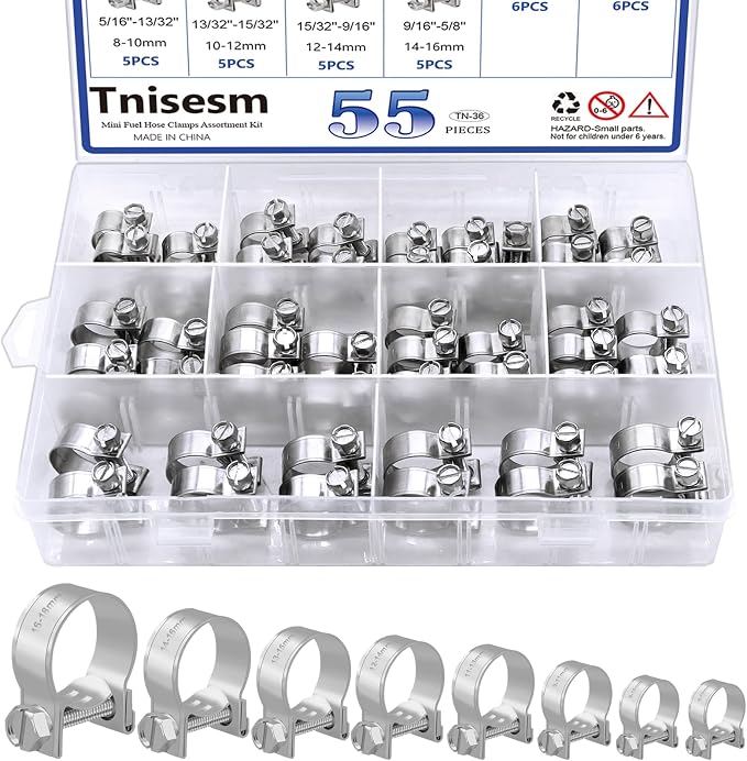 Tnisesm 55PCS Mini Fuel Injection Hose Clamps Adjustable 7-18mm 10 Sizes 304 Stainless Steel Fuel Line Clamps Assortment Kit,Hoses Clamps Sleeving,for Automotive Diesel Petrol Pipe