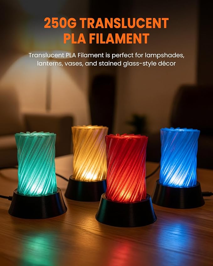 TECBEARS Translucent PLA 3D Printer Filament, PLA Filament Bundle, 0.25kg Each Spool, Total 2kg, 8 Packs, Black+White+Transparent (Red,Purple,Orange,Blue,Yellow,Green)