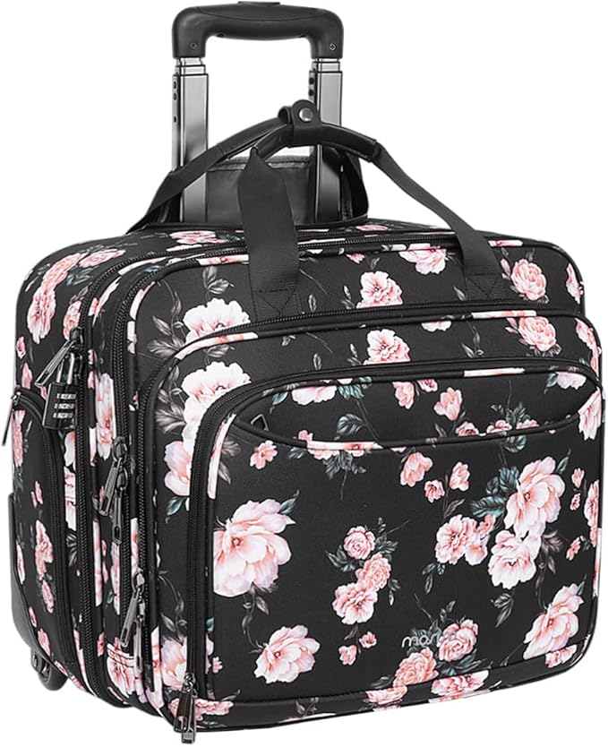 MOSISO Rolling Briefcase Laptop Bag for Women, Wheel Briefcase Teacher Bag for 15.6 inch with Coded Lock, Overnight Camellia Rolling Computer Bag on 2 Wheels with Belt for Work Travel Business, Black