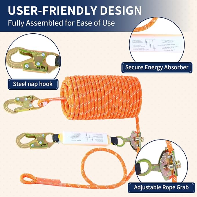 Fall Protection Safety Rope 50FT, Heavy Duty Vertical Lifeline Assembly with Grab Snap Hooks Shock Absorber, Safety Lanyard for Roofing Tree Climbing Construction