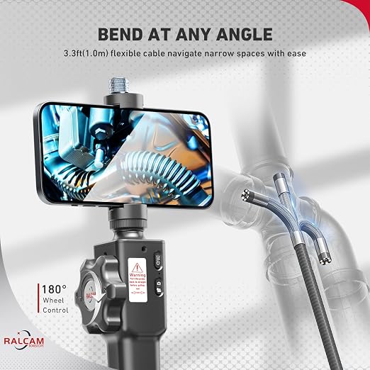 Ralcam Two-Way Articulating Borescope for iPhone&Android, Endoscope Camera with Light, HD Inspection Camera with Battery for Automotive, Engine, Pipe 0.33in Lens-3.3FT Flexible Cable