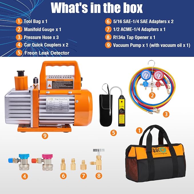 BACOENG 4CFM 1/3HP Single Stage HVAC Vacuum Pump and AC Manifold Gauge Set with Leak Detector for R134a R12 R22 A/C Air Conditioning Refrigeration
