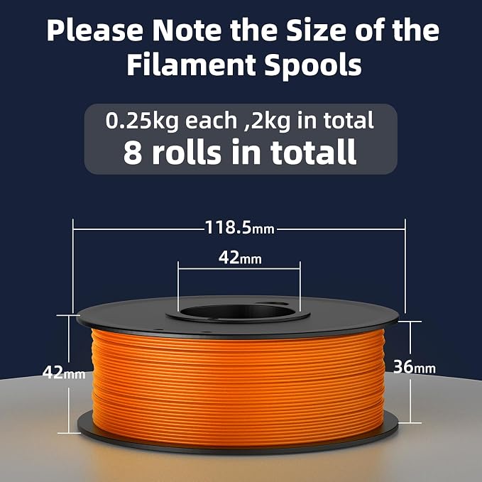 PLA 3D Printer Filament Bundle, PLA Filament 1.75mm, 250g Spool, 8 Rolls, 2kg in Total Black/White/Red/Yellow/Pink/Blue/Orange/Green