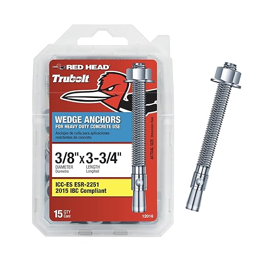 Red Head TruBolt 3/8 x 3-3/4" Heavy-Duty Wedge Concrete Anchors, 15 PCS