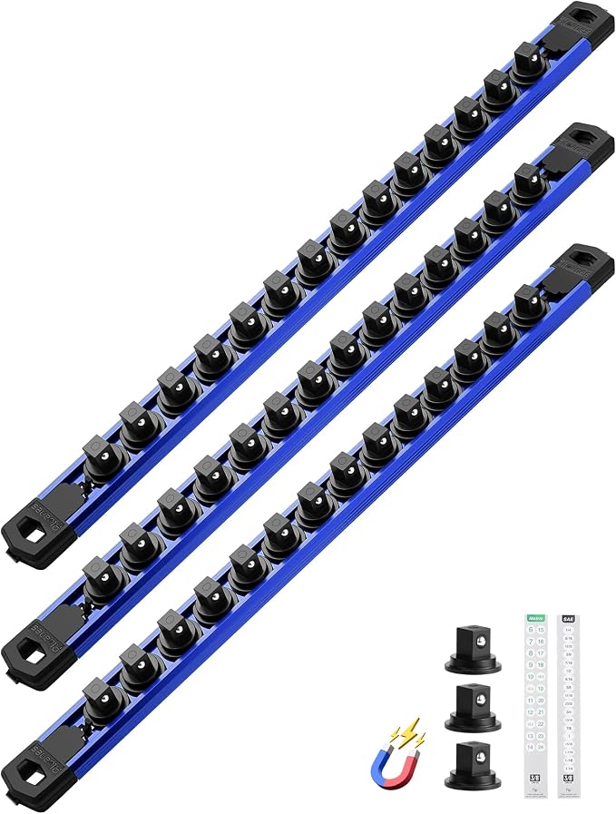ALOANES Magnetic Socket Organizer Set, 3-Piece Heavy Duty Aluminum Socket Rails, 360° Swivel Clips Socket Rail Kit for Tool Tray Drawer Fit 3/8-Inch x 42 Clips (Blue, 3PC)