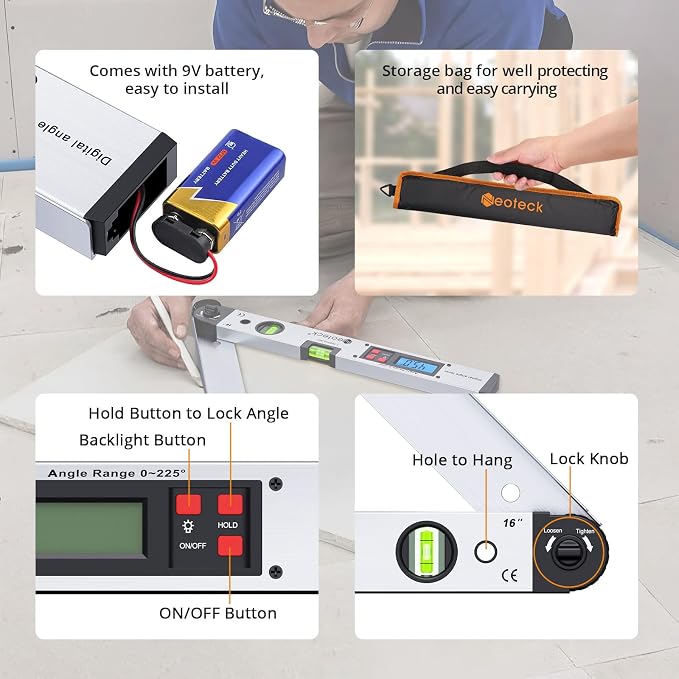 Neoteck 16 inch Digital Angle Finder 225° Aluminum Protractor, LCD Backlight, Bubble Level ±0.5° Accuracy, Data Hold & Locking Knob, Auto Shutdown, Portable Bag, for Woodworking & Construction
