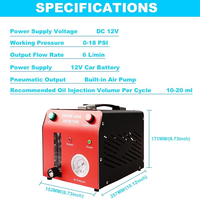 Automotive Smoke Machine, Red | Built-in Air Pump, Pressure Gauge, Professional Smoke Leak Detector, For Vacuum, Fuel, EVAP and Other Cars System