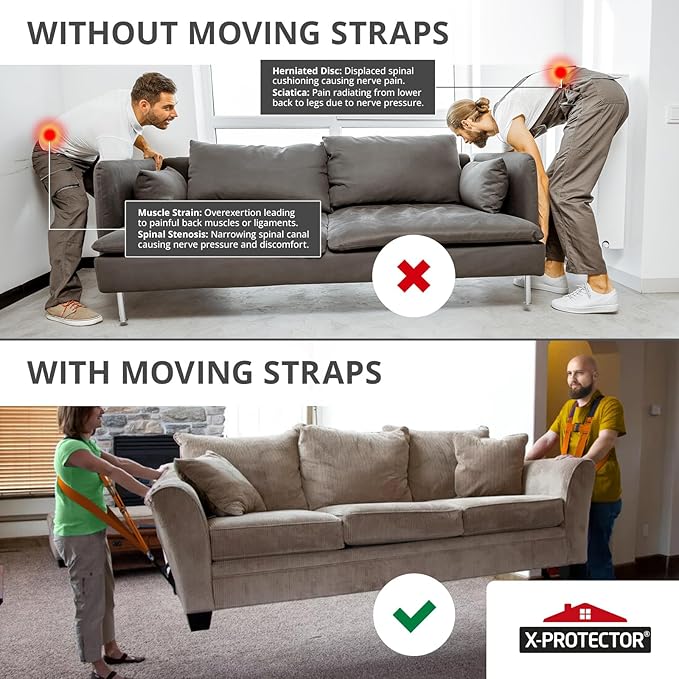 X-Protector Moving Straps - 2 Pairs - Lifting Straps for 2 Movers - Move Furniture Easily and Safely - Perfect for Lifting and Moving Heavy Objects! (with Back Support)