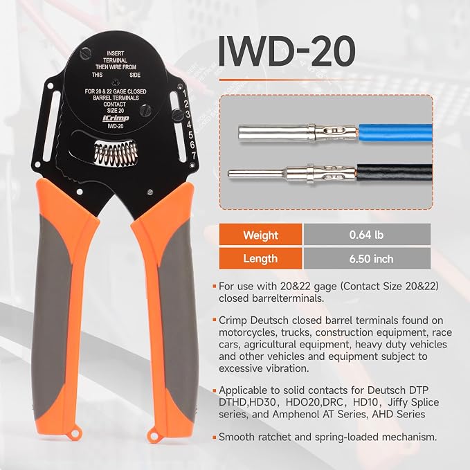 iCrimp Closed Barrel Crimper 4 way Indents,8 Impressions for Deutsch Solid Contacts gage 20&22(IWD-20)