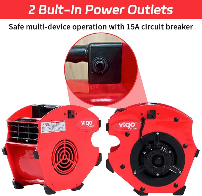 1/5 HP 300 CFM High-Velocity Air Mover Floor Fan, Industrial Blower for Carpet Drying, Water Damage & Car Drying — Dual 120V Outlets, 4-Position Tilt, Variable Speed, Portable 12in ETL