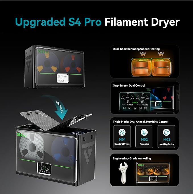 SUNLU S4 Pro 3D Printer Filament Dryer Box, Upgrade Filadryer S4 (Black) | Dual-Chamber Independent Heating, 85℃ Max Temperature, Dry and Anneal 2-in-1, PLA ABS PETG PA PC Filament Dryer Box