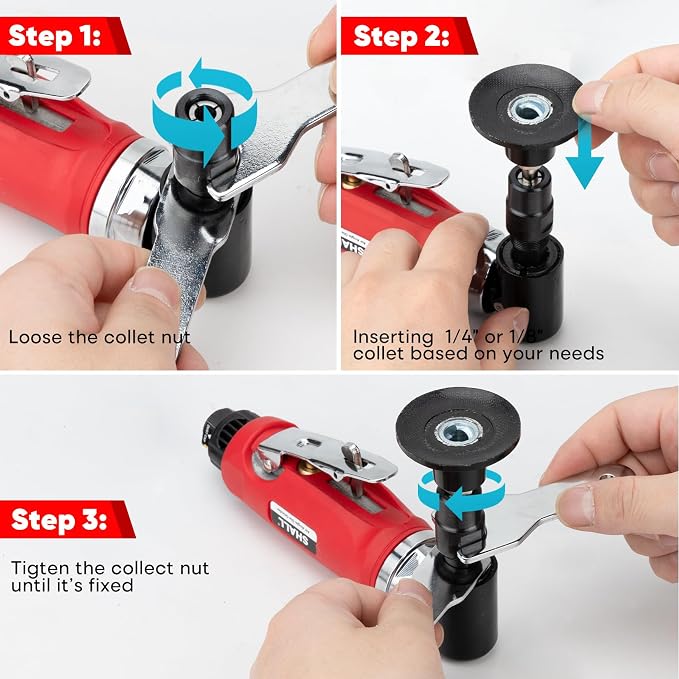 SHALL Right Angle Die Grinder, 90 Degree, 1/4" & 1/8" Collets, 24PCS Sanding Discs, Air Connector, Lubricant and Chuck Key Included, for Grinding, Polishing, Deburring, Engraving and Rust Removal
