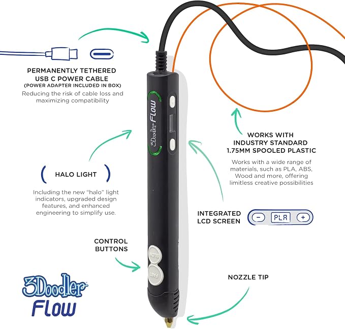3Doodler Flow 3D Printing Pen for Teens, Adults & Creators – Black, with Free Refill Filaments, Stencil Book & Guide, 3.1 x 10.74 x 4.44 inches