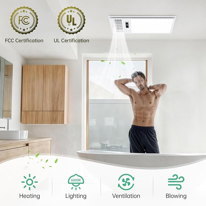VallisCo Bathroom Fan with Light and 1800W Heater, 160 CFM Ventilation, Remote Control,Quiet Exhaust, 4-in-1 Design for Heating, Lighting, Ventilation & Air Circulation for Comfort in Any Season