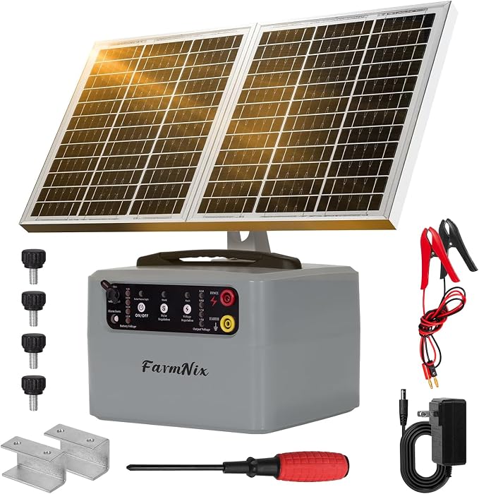 6-12KV Adjustable Output Solar Charger,30 Miles Solar Electric Fence Charger,1.5J Solar Fence Charger,15W Solar Powered Electric Fence Kit for Livestock,24H Uninterrupted Protection