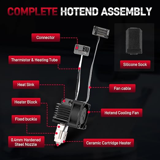 0.4mm Hardened Steel Hotend Kit Compatible with Bambu Lab P1P / P1S 3D Printers, 0.4 mm Nozzle, Complete Assembly with Cooling Fan, Ceramic Heater & Thermistor, Supports Up to 300°C