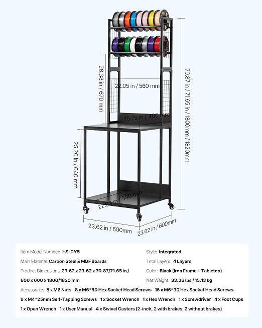 VEVOR 3D Printer Filament Storage Rack, 4-Tier 3D Printer Stand with Filament Storage, Spools Holder Racks Cart with Wheels, Filaments Organzied for 3D Printing Station, Office, Workshop (Shelf Only)
