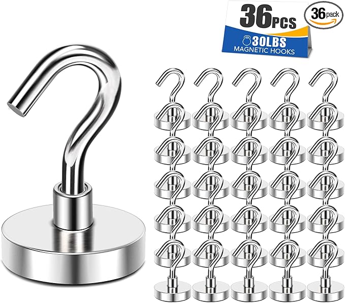 MIKEDE Magnetic Hooks 30lbs Strong Magnets Hook 36 Pack | Heavy Duty Extra Strong Cruise Hook for Hanging Industrial Metal Refrigerator Hooks for Cruise Cabins Fridge Kitchen Grill