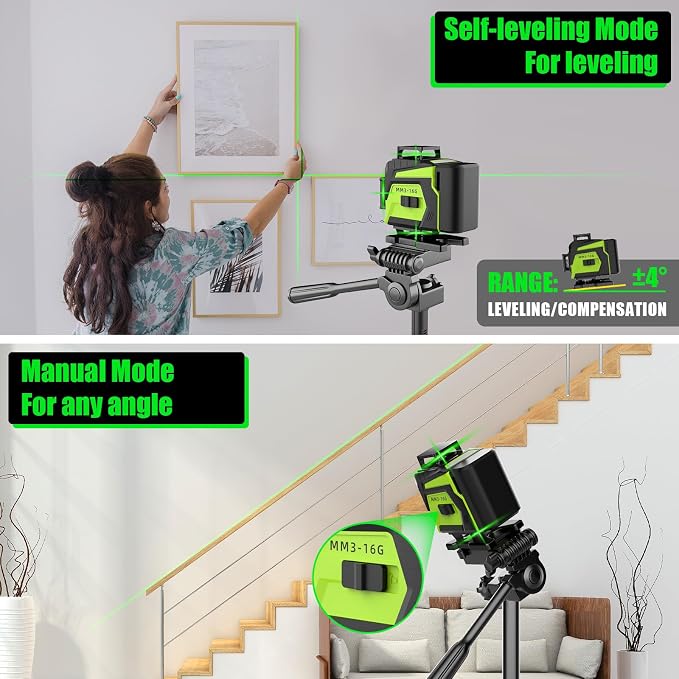 16 Line Laser Level with Tripod,4x360° Self Leveling Laser Level with 2 Batteries,4D Laser Level 360 Self Leveling,Green Line laser Level Tool for Construction,Picture Hanging,Home Renovation