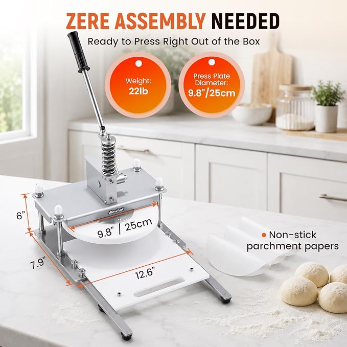 Newhai Manual Pizza Dough Press Machine 9.8" Stainless Steel Dough Sheeter Pastry Pizza Bread Press Forming Processor with Parchment Papers for Bakery Home Restaurant Use