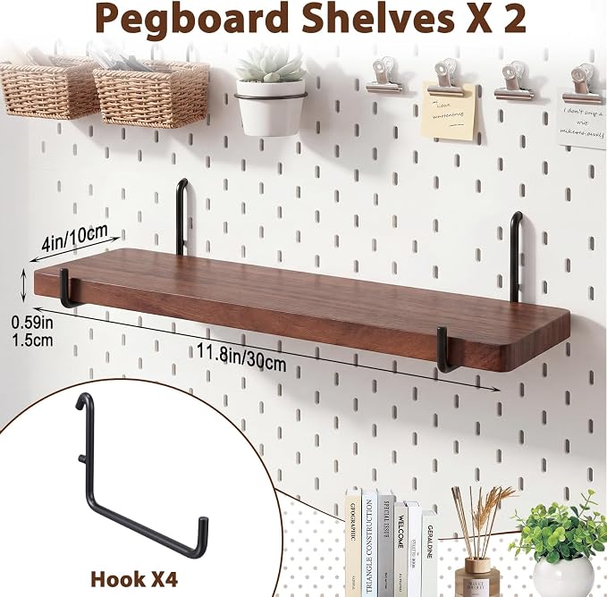 Novabright 2 Pcs Walnut Color Pegboard Shelves Set with Metal Brackets Hooks 11.8 x 4'' Wall Wooden Pegboard Shelving Heavy Duty Accessories for Crafts Office Garage, Compatible with IKEA Skadis