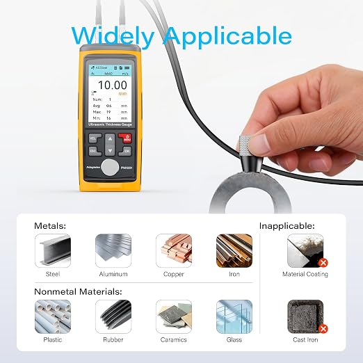 Ultrasonic Thickness Gauge,Range 0.039 to 11.811 inch, Digital Metals Thickness Tester with Cast Iron Probe, Type-C Charging for Steel, Metals, Plastic, Glass, PVC, Pipes | Equipped with a 2.5MHz coarse grain probe for measuring cast iron