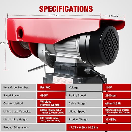 Nilight 1760LBS Electric Hoist 110V Electric Hoist Winch with Wireless Remote Control, Single/Double Slings 39FT Lifting Height Material Handling Tool for Garage Warehouses Factory Attic Ceiling Crane