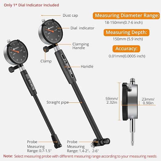 Neoteck Dial Bore Gauge with 0.7"-6"/0.0005" Measuring Range and 6" Measuring Depth Dial Bore Gauge Set with 23PCS Anvils Chrome Plated Handle & Insulated Grips for Engine Cylinder Measurement-Black
